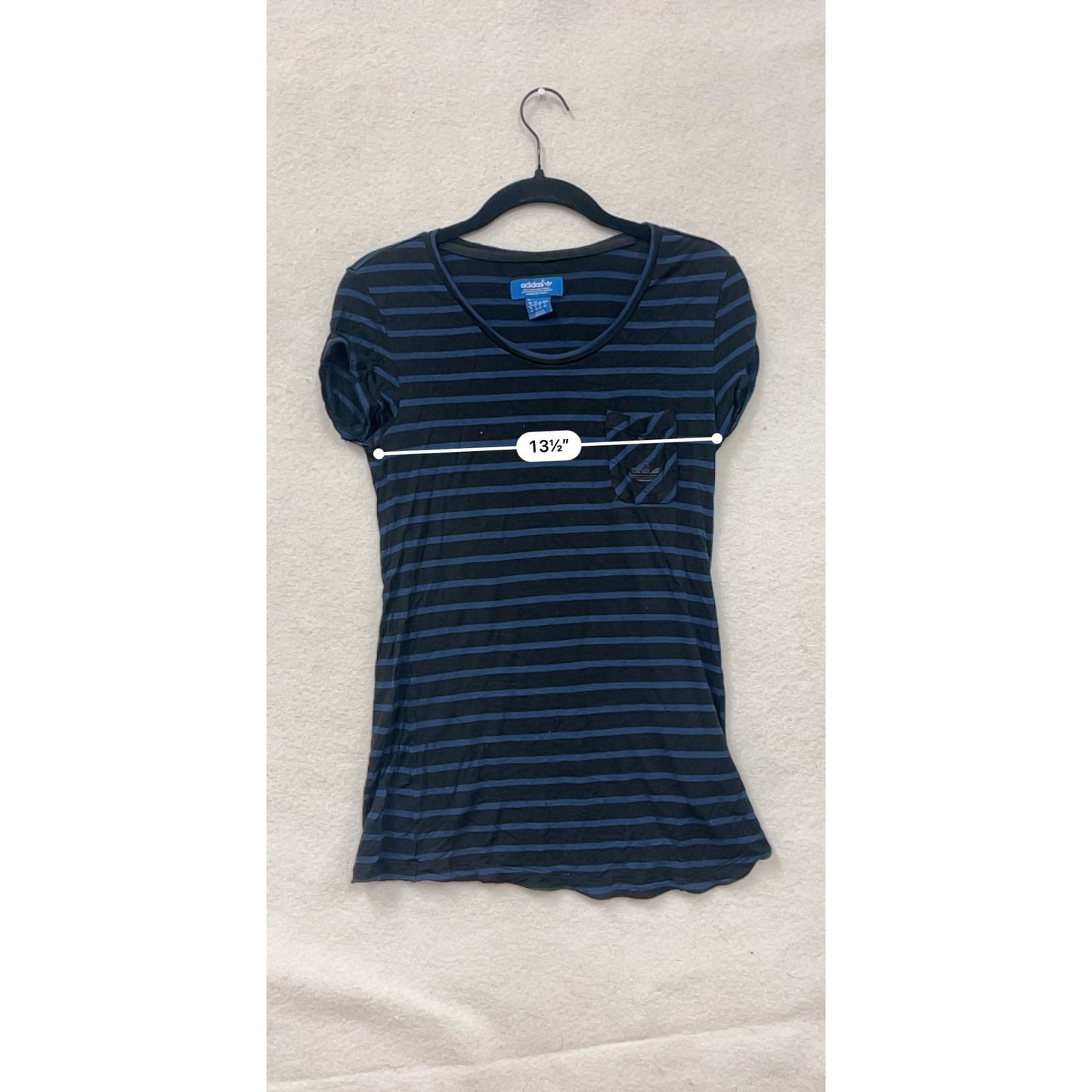 Adidas Womens Striped Short Sleeve T-Shirt W/ Pocket Navy & Black Size S #6809
