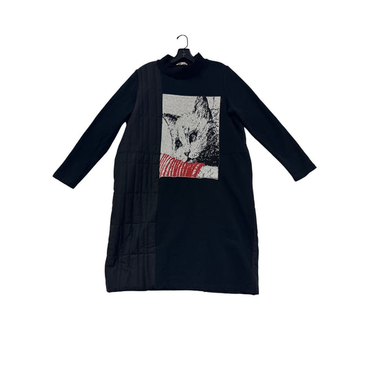 Womens XL Black Yishiji Quilted Long Sleeve Dress With Cat Graphic Panel #8397