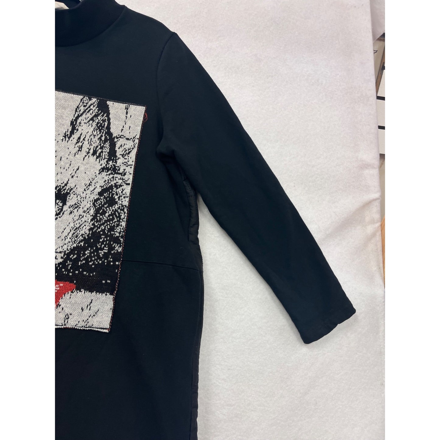 Womens XL Black Yishiji Quilted Long Sleeve Dress With Cat Graphic Panel #8397