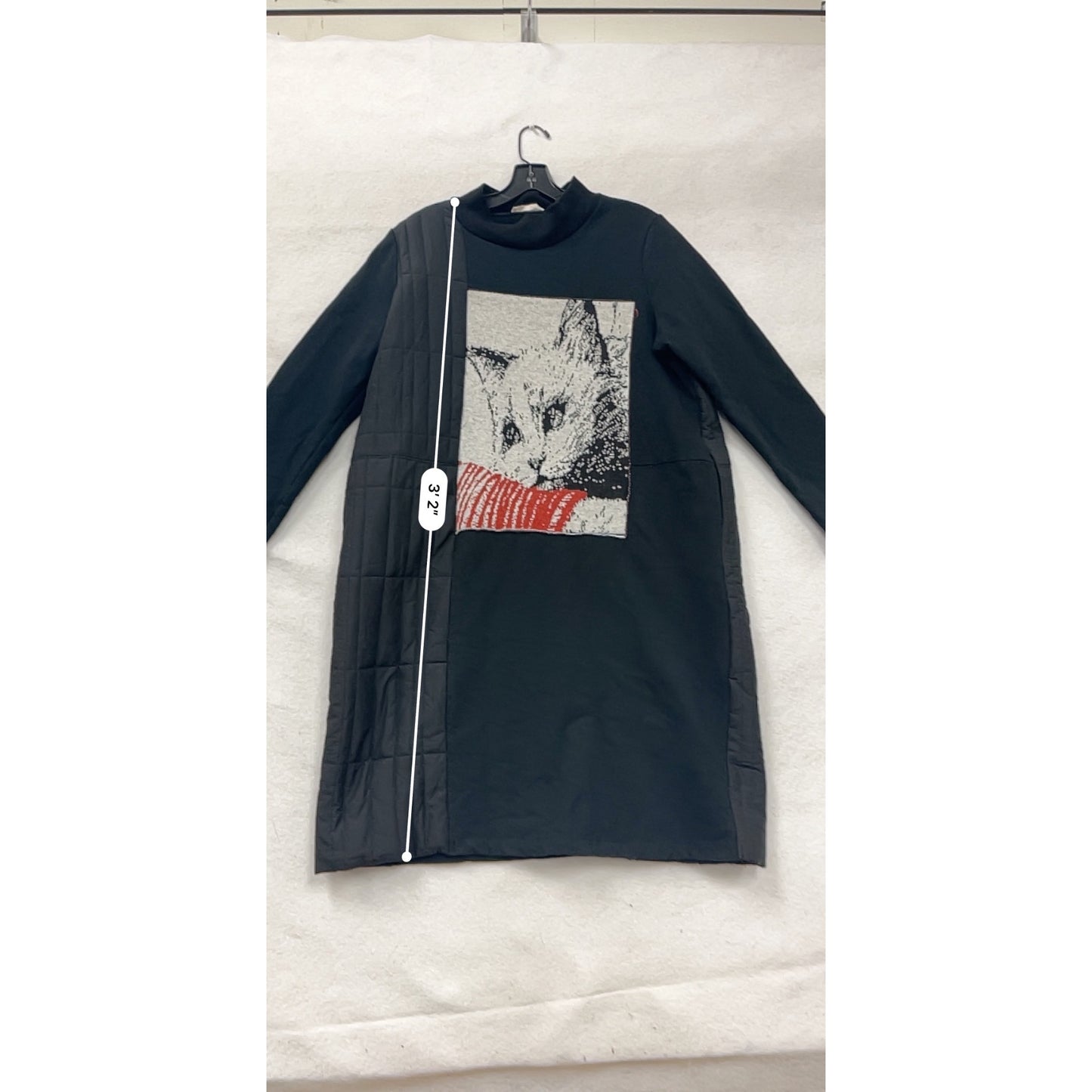 Womens XL Black Yishiji Quilted Long Sleeve Dress With Cat Graphic Panel #8397