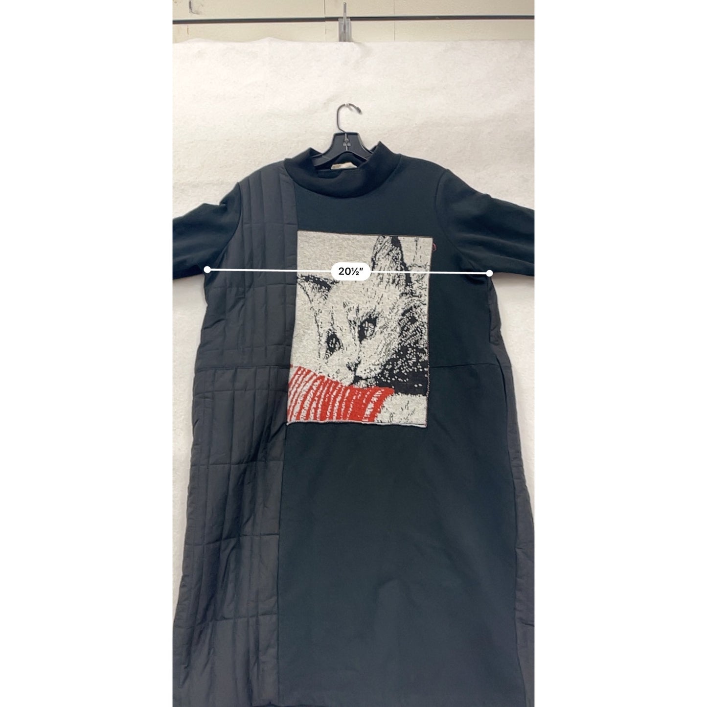 Womens XL Black Yishiji Quilted Long Sleeve Dress With Cat Graphic Panel #8397