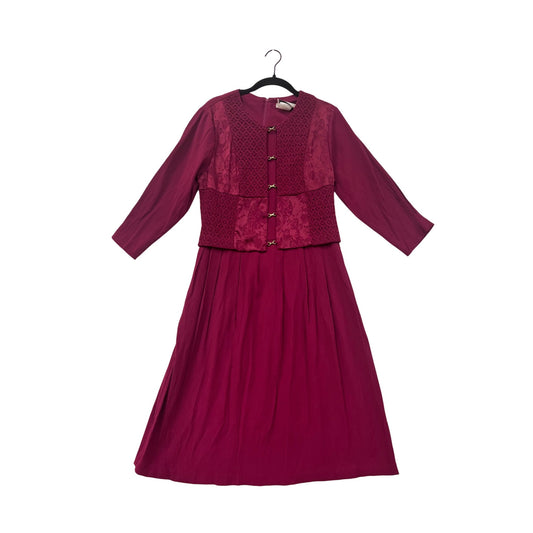 Vintage Miss Dorby Womens Burgundy Long Sleeve Dress W/ Lace Overlay #8190