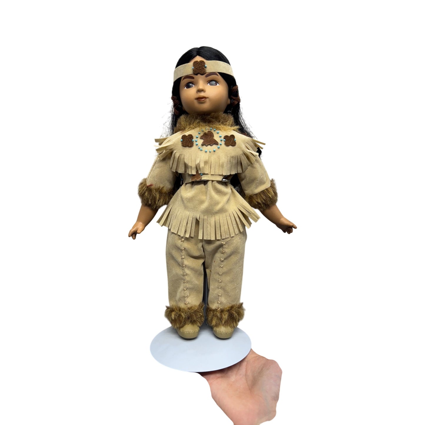 Native American Porcelain Doll Faux Suede Fringe Faux Fur Trim 14" Tall #419B