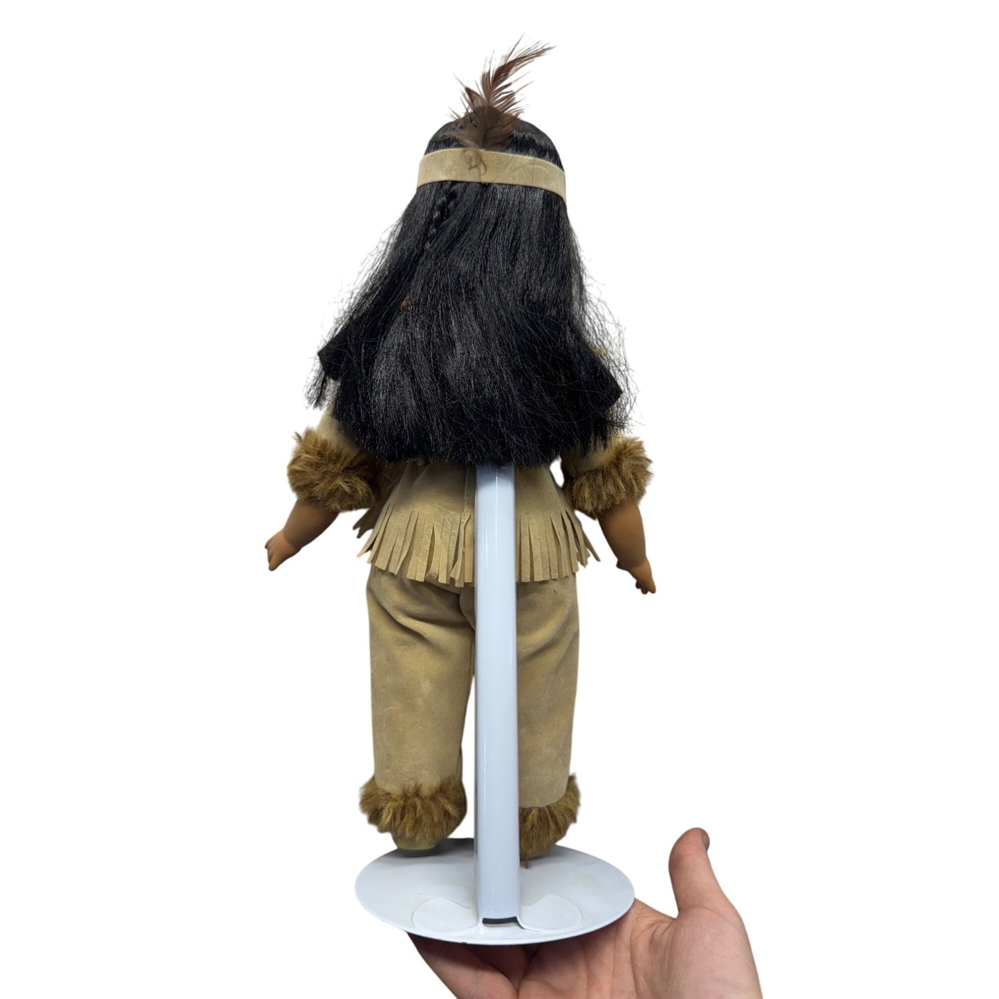 Native American Porcelain Doll Faux Suede Fringe Faux Fur Trim 14" Tall #419B