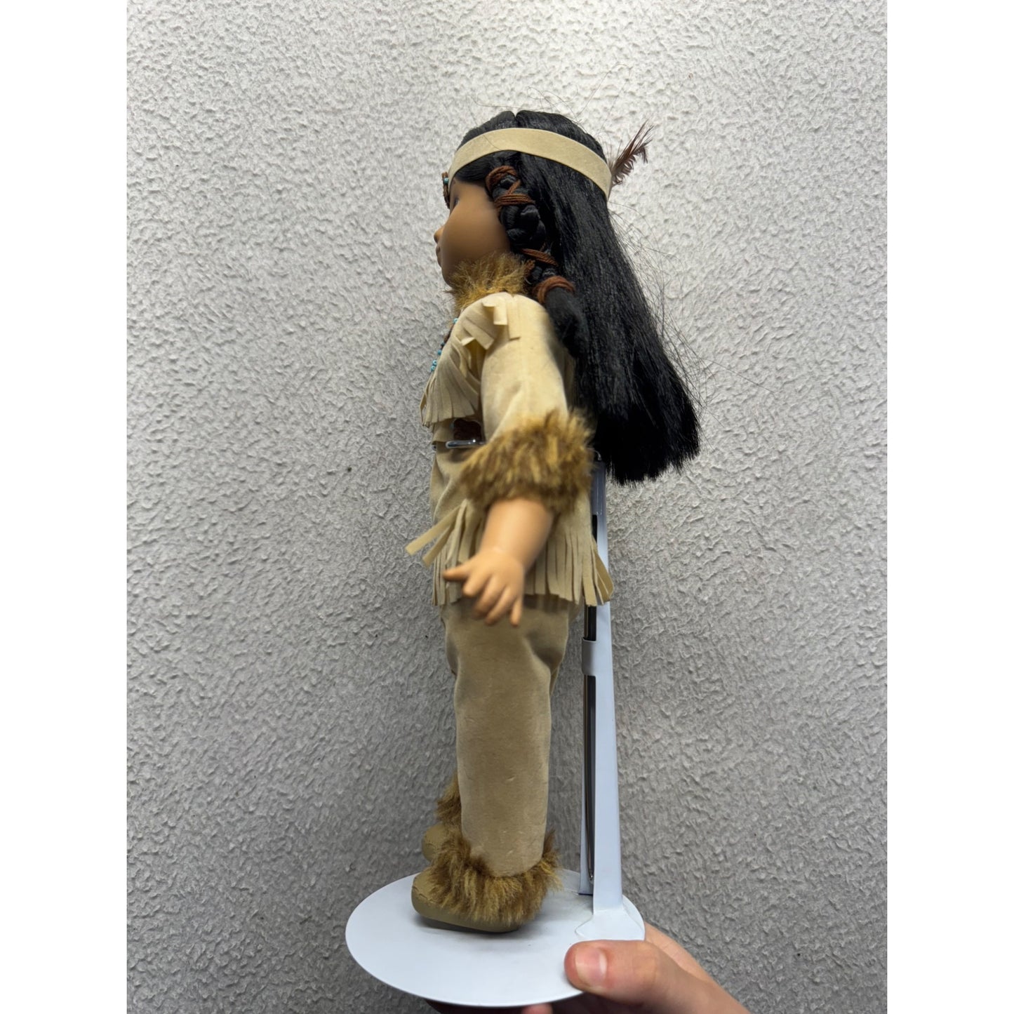 Native American Porcelain Doll Faux Suede Fringe Faux Fur Trim 14" Tall #419B