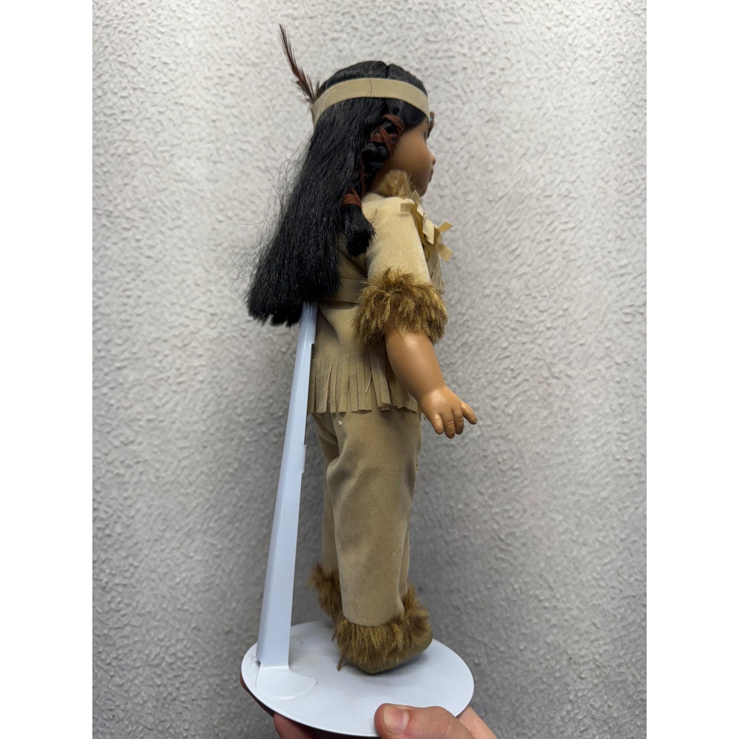 Native American Porcelain Doll Faux Suede Fringe Faux Fur Trim 14" Tall #419B