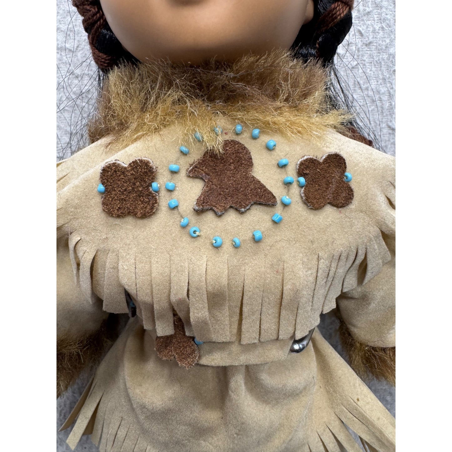 Native American Porcelain Doll Faux Suede Fringe Faux Fur Trim 14" Tall #419B