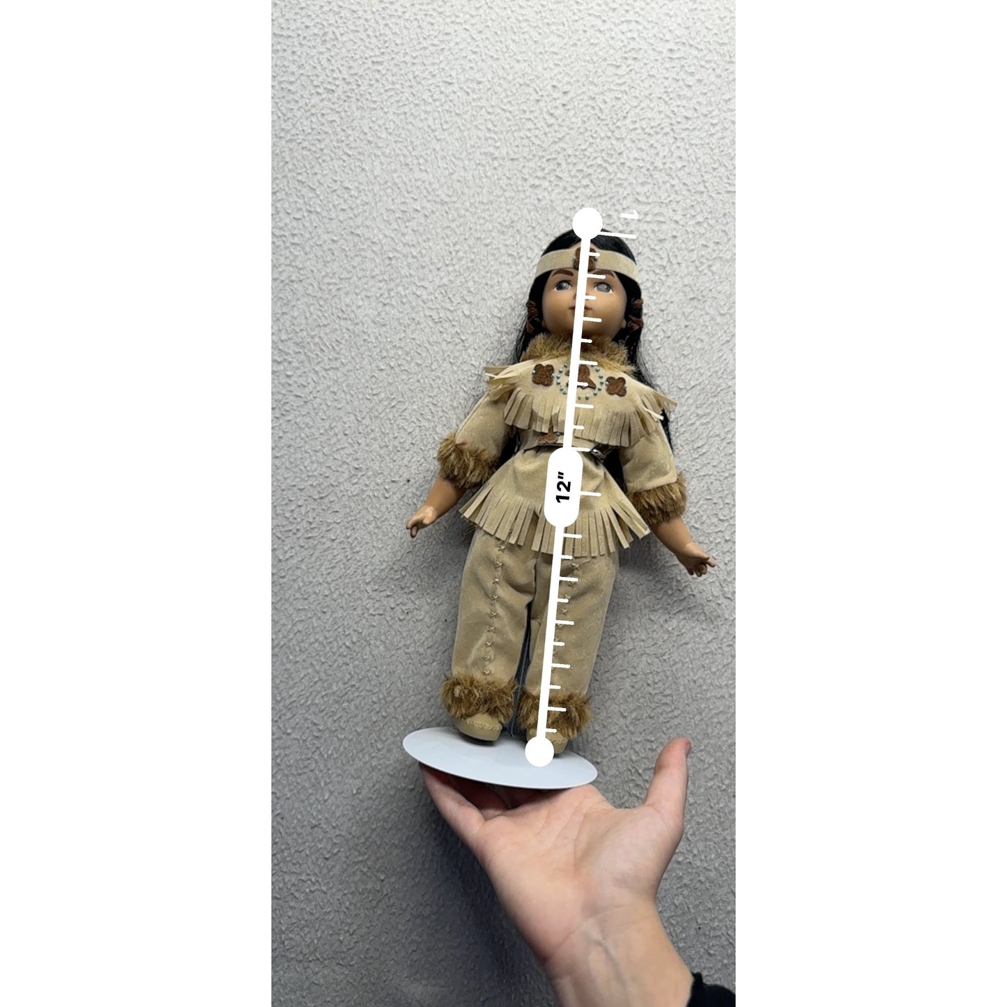 Native American Porcelain Doll Faux Suede Fringe Faux Fur Trim 14" Tall #419B