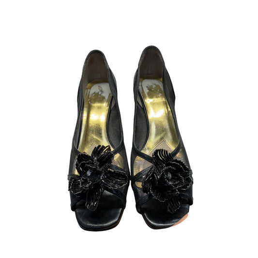 Leather Ros Hommerson Black Flower Peep-Toe Mesh Kitten Heels #9017