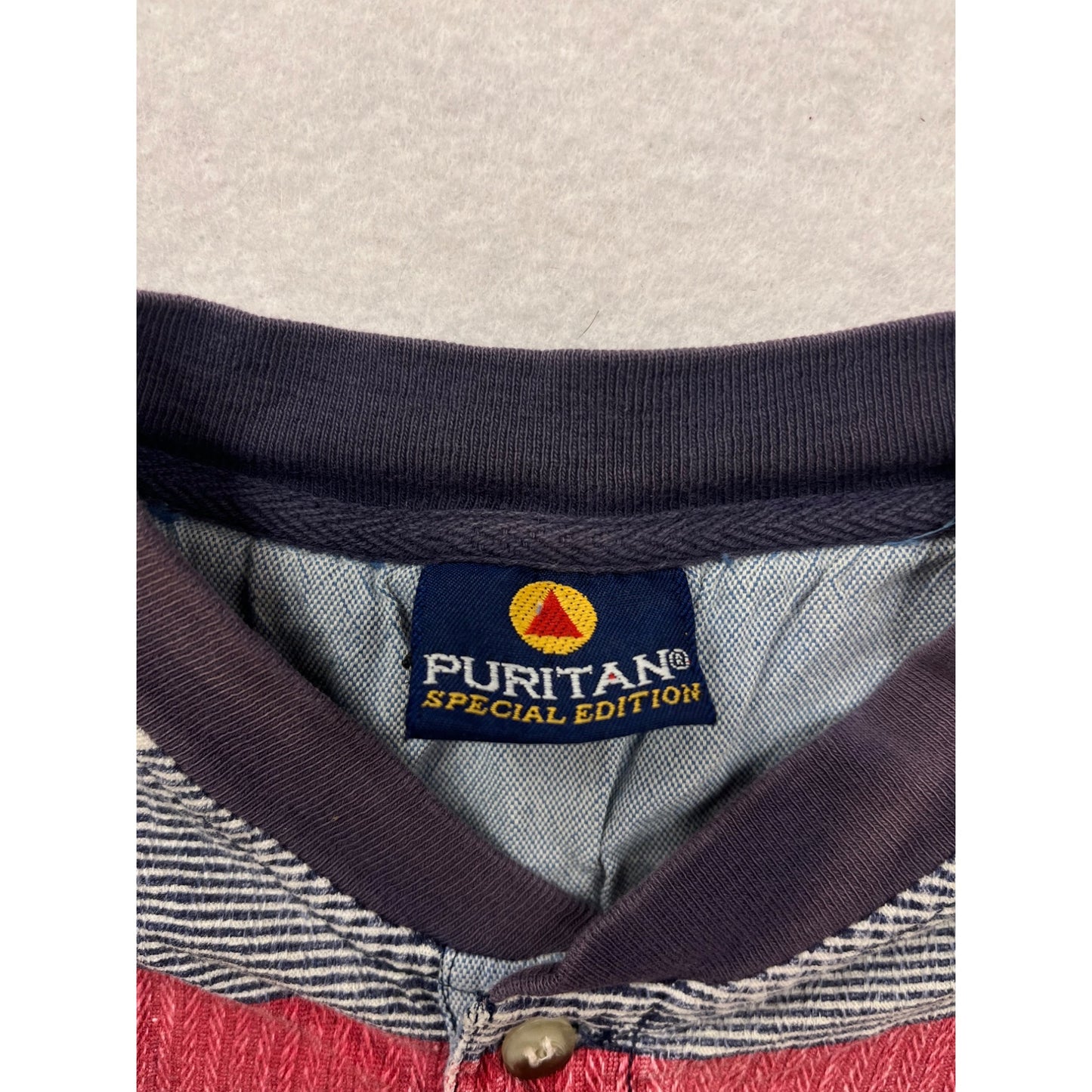 Large Vintage Puritan Special Edition Mens Striped Henley Tee 100% Cotton Red/Blue Stripes #6531