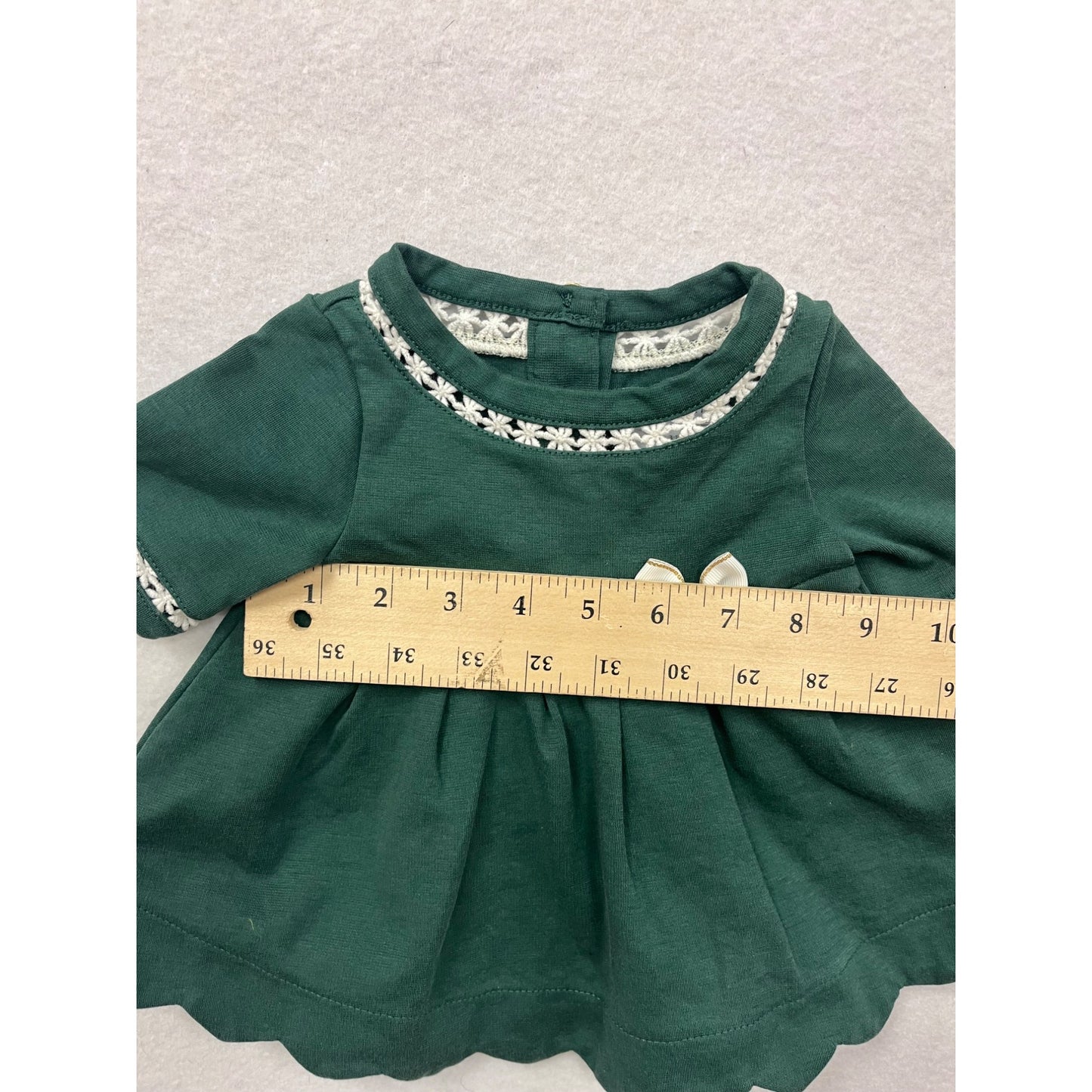 Green Baby Girl Dress With Lace Trim & Bow Accent Size 3-6M By Tahari #6517