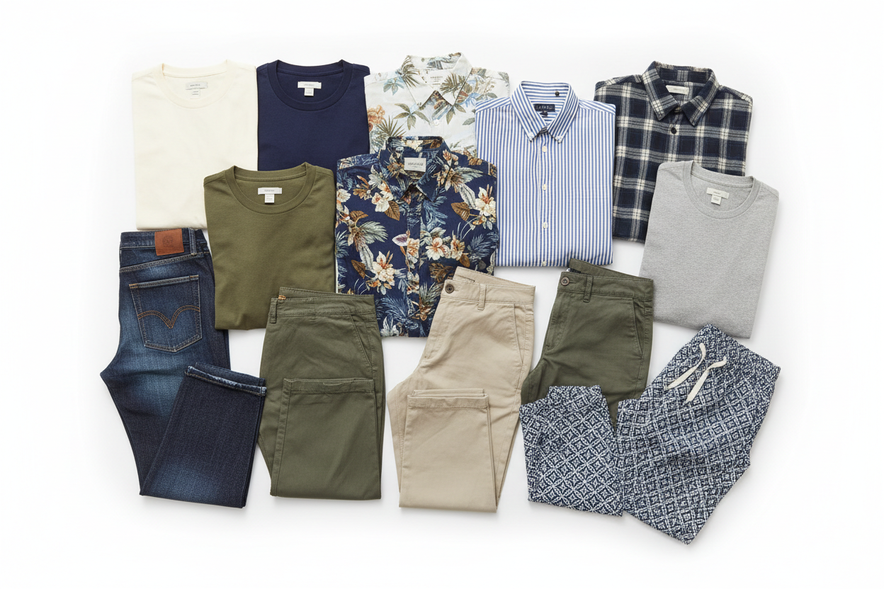 white background with a bunch of different shirts and pants kind of laying over one another. Some folded, some just laying flat