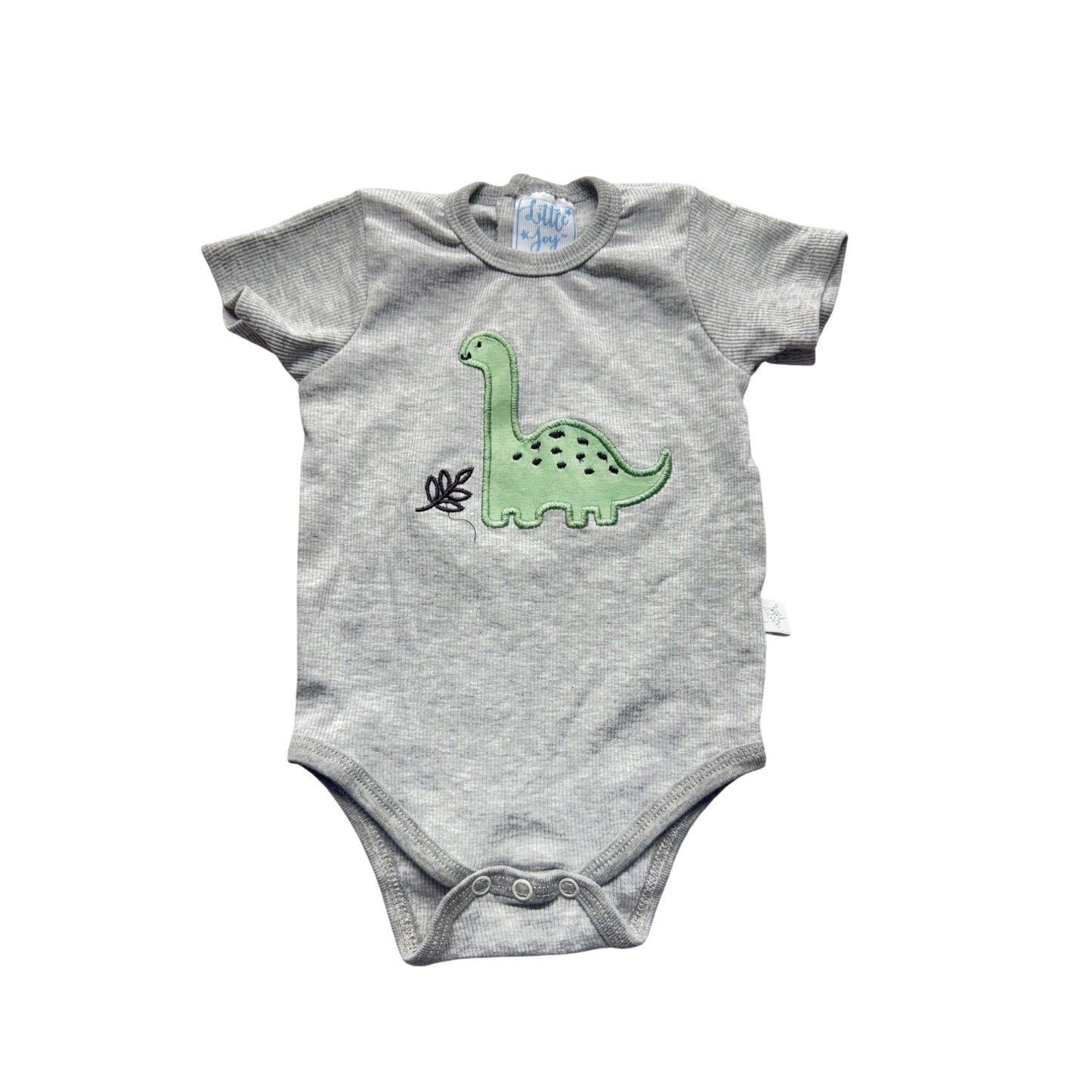 Little Joy Gray Baby Onesie With Green Dinosaur Appliqué Short Sleeves #9209