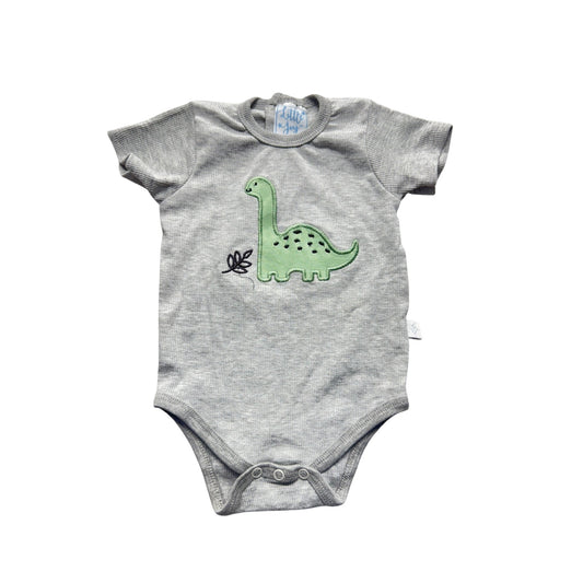 Little Joy Gray Baby Onesie With Green Dinosaur Appliqué Short Sleeves #9209