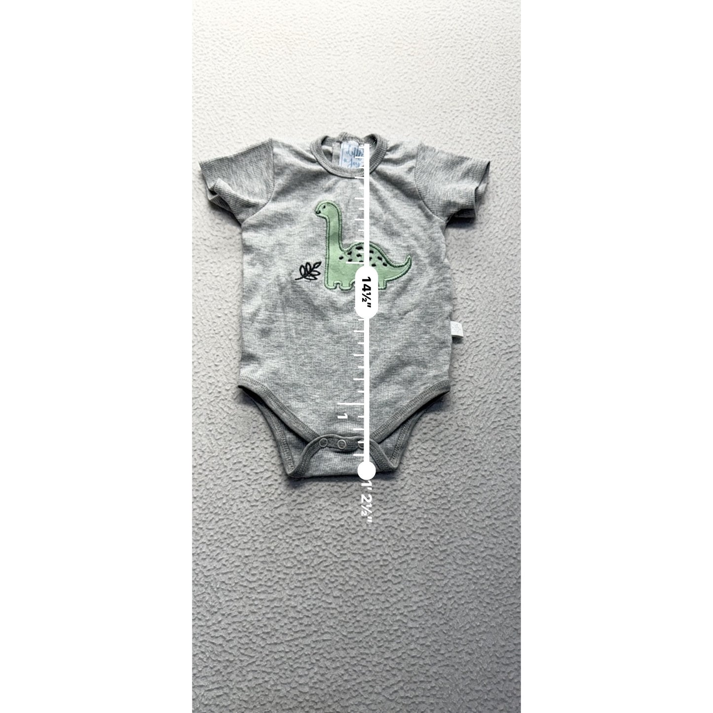 Little Joy Gray Baby Onesie With Green Dinosaur Appliqué Short Sleeves #9209