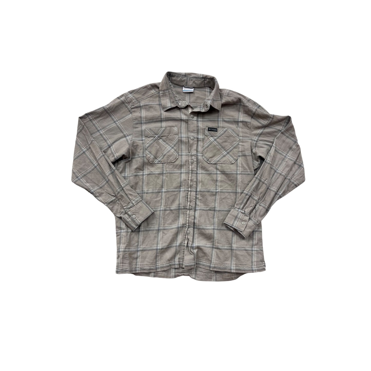 Columbia Medium Plaid Button-Up Shirt Tan & Gray Long Sleeve #8829