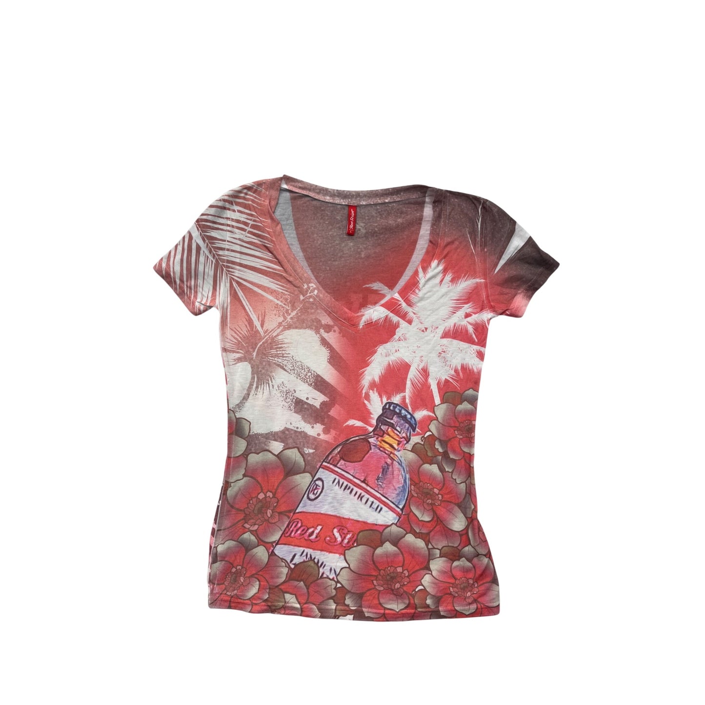 Red Stripe Womens Floral & Palm Print V-Neck T-Shirt Large #6771