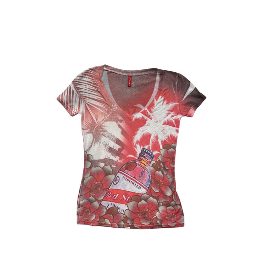 Red Stripe Womens Floral & Palm Print V-Neck T-Shirt Large #6771