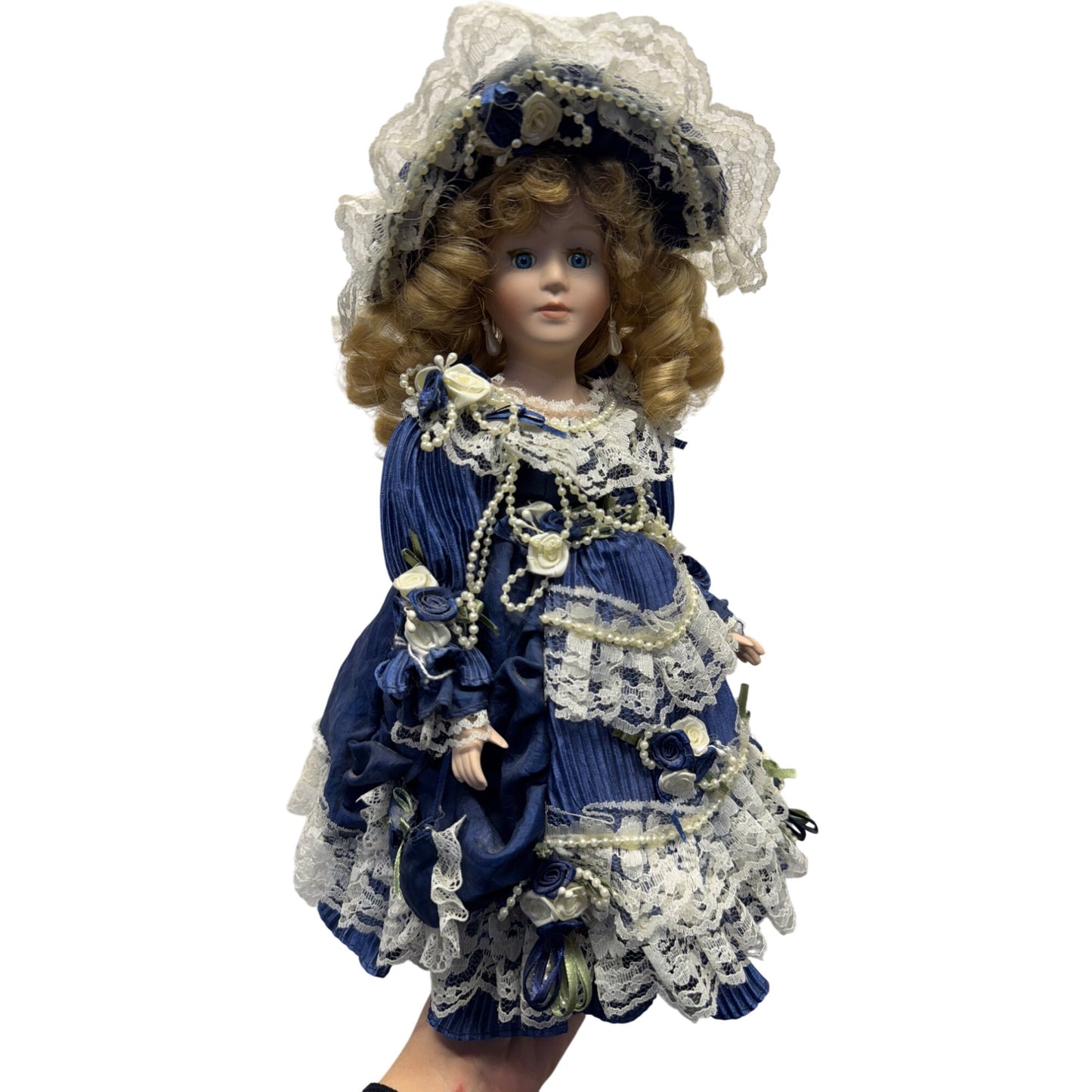 Victorian Style Porcelain Doll In Blue Dress With Lace & Roses #417B