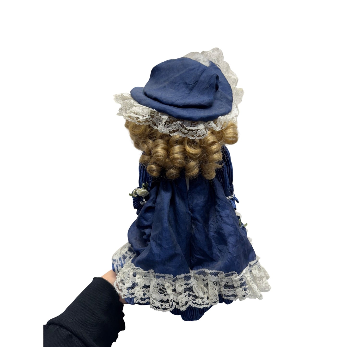 Victorian Style Porcelain Doll In Blue Dress With Lace & Roses #417B