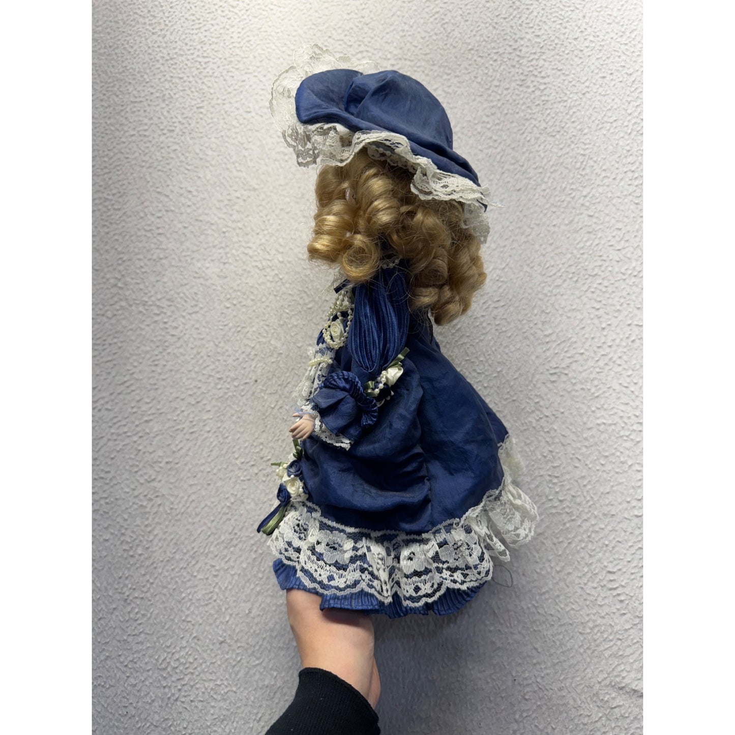 Victorian Style Porcelain Doll In Blue Dress With Lace & Roses #417B