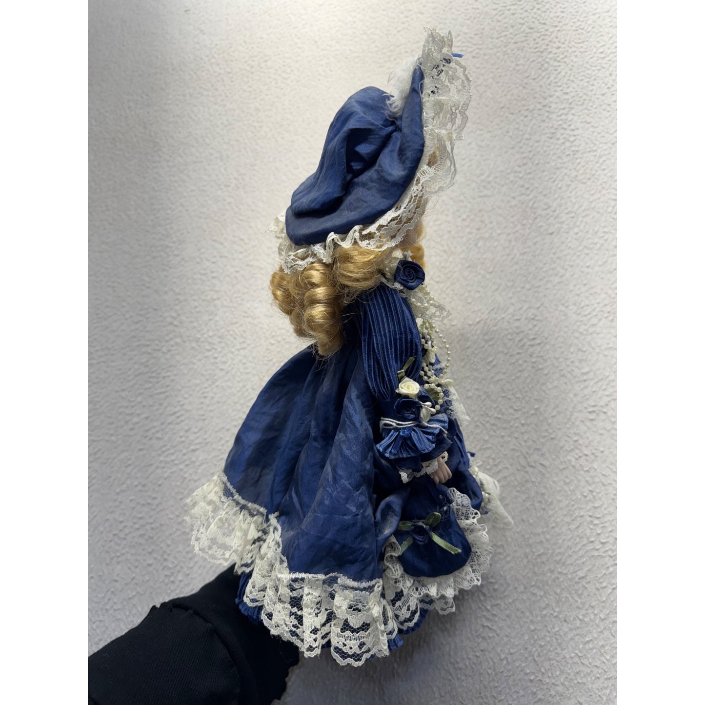 Victorian Style Porcelain Doll In Blue Dress With Lace & Roses #417B