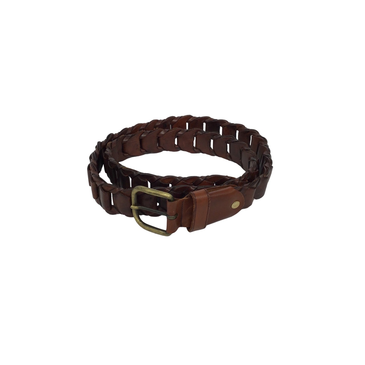 Woven Brown Leather Belt With Brass Buckle By Vera Pelle Made In Italy #1