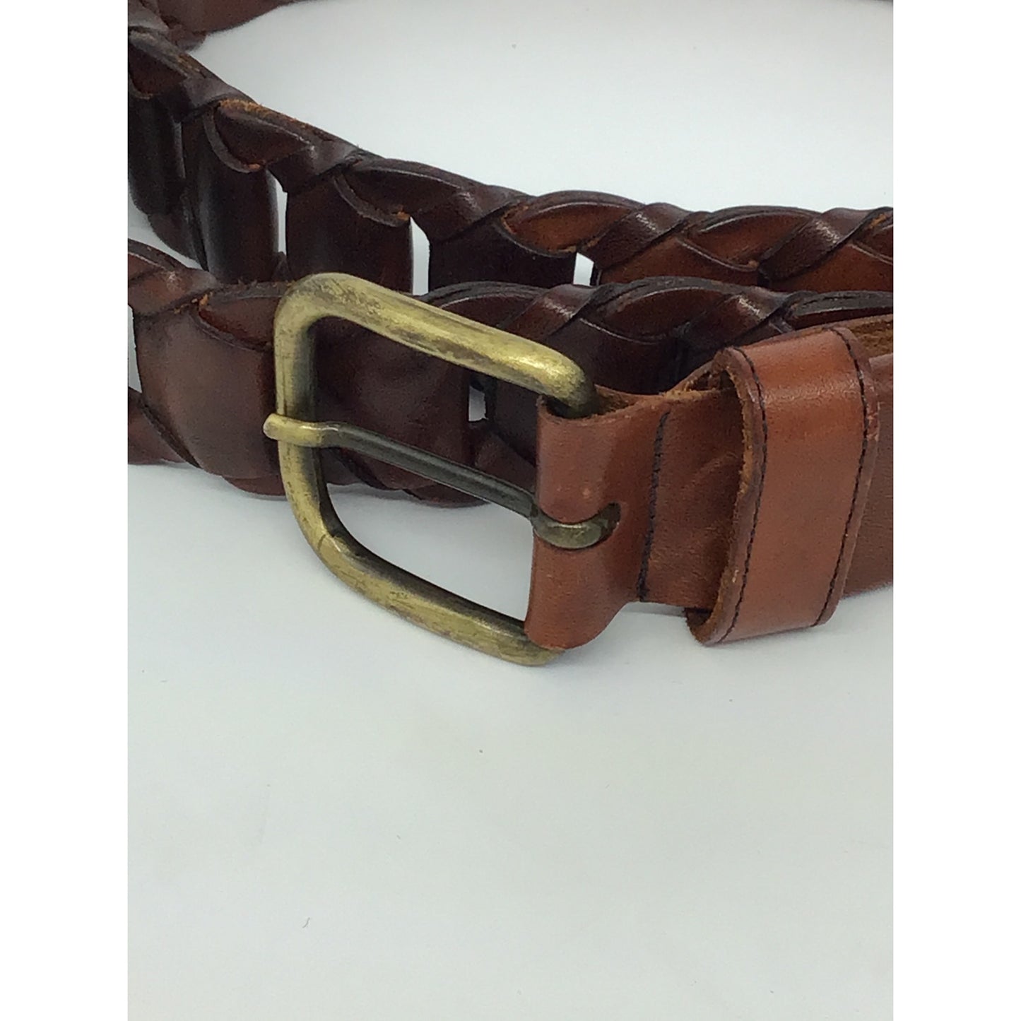 Woven Brown Leather Belt With Brass Buckle By Vera Pelle Made In Italy #1