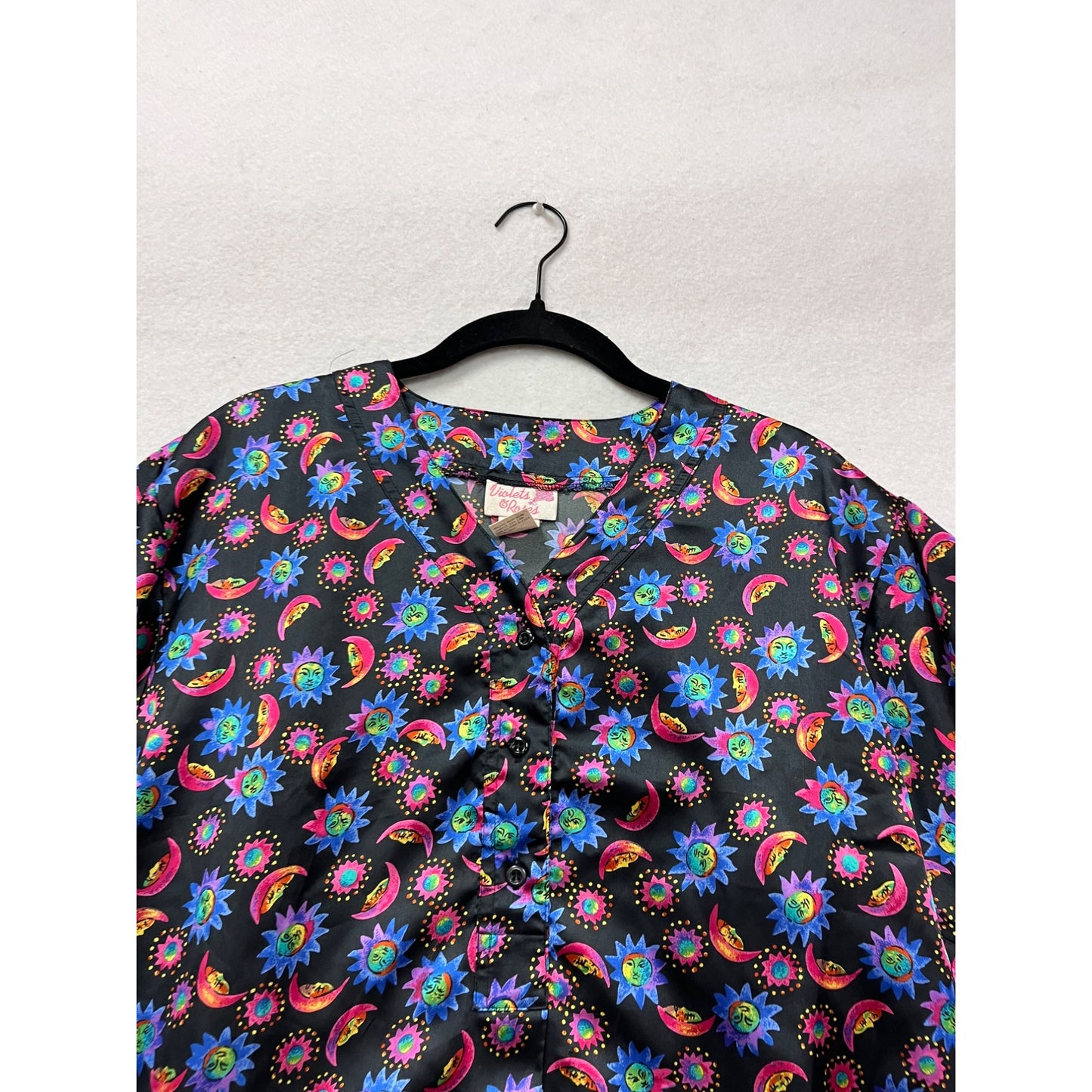 Vintage-Inspired Violets & Roses Blouse S #136A