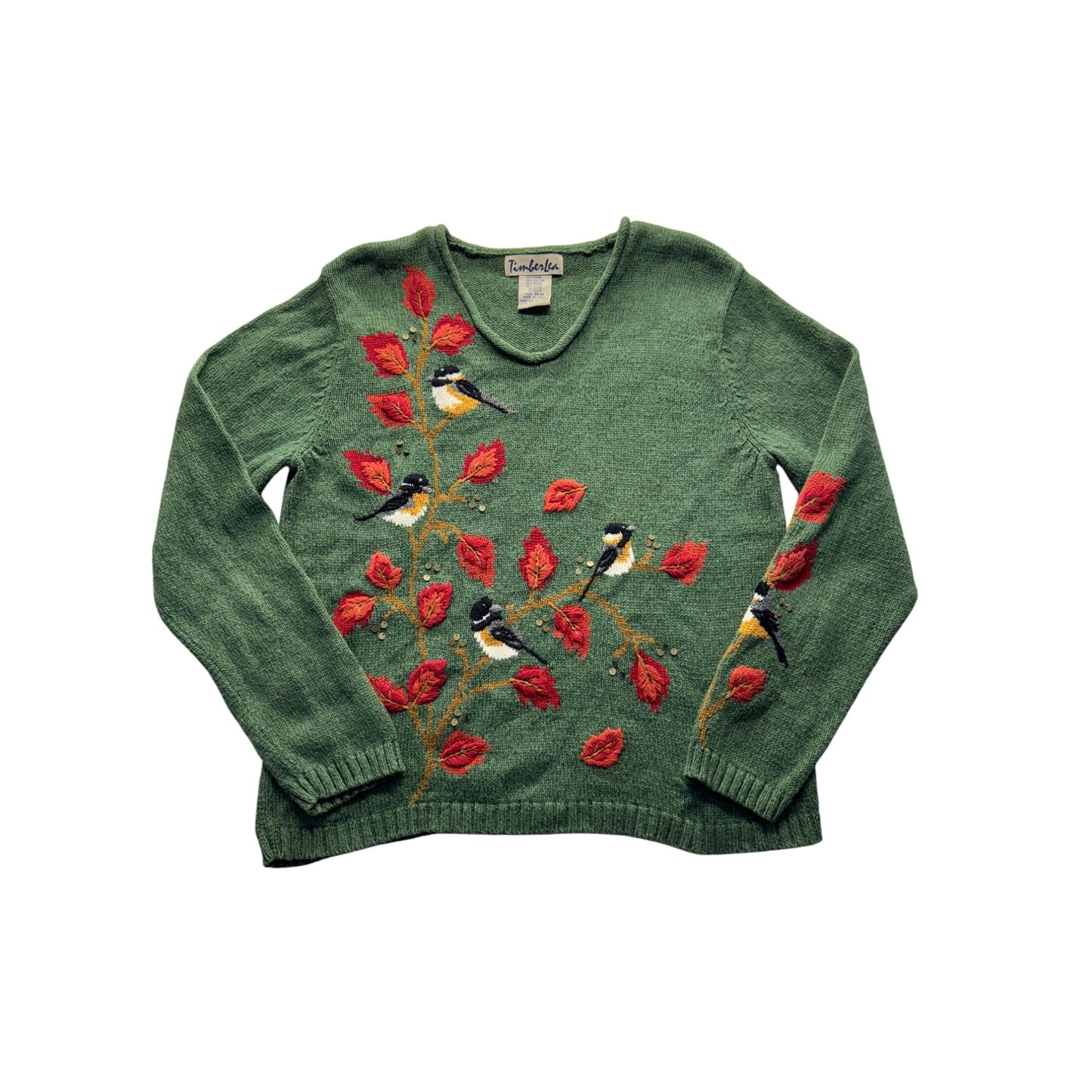 Timberlees Embroidered Botanical Bird Knit Sweater Green Ramie Cotton M #9589