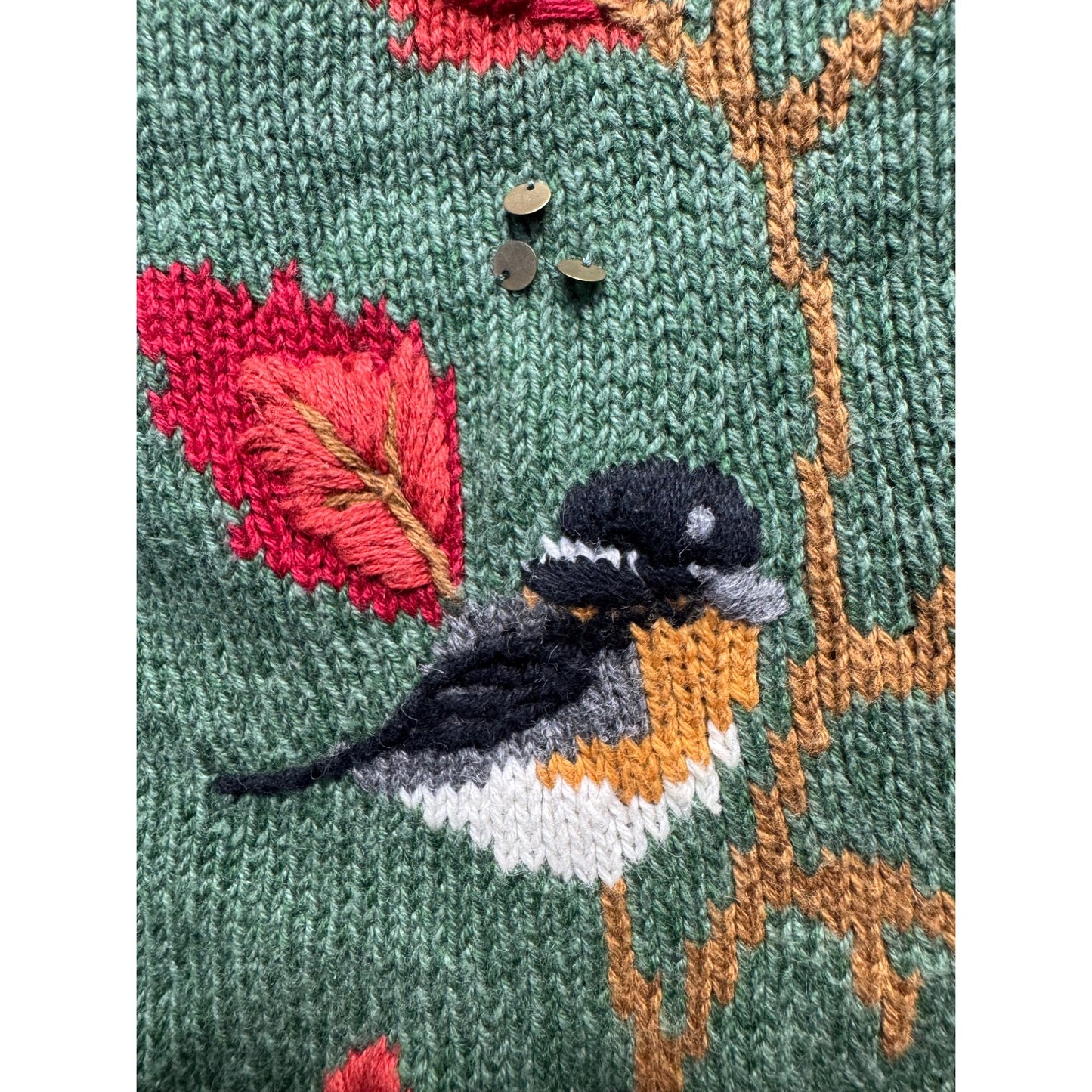 Timberlees Embroidered Botanical Bird Knit Sweater Green Ramie Cotton M #9589