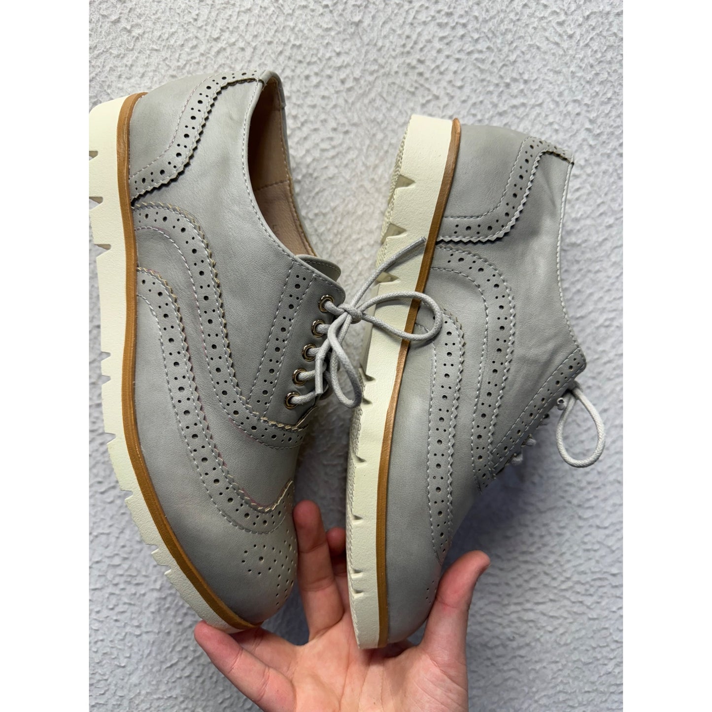 Gray Wingtip Oxford Shoes With Perforated Detailing & Chunky Rubber Sole #9405