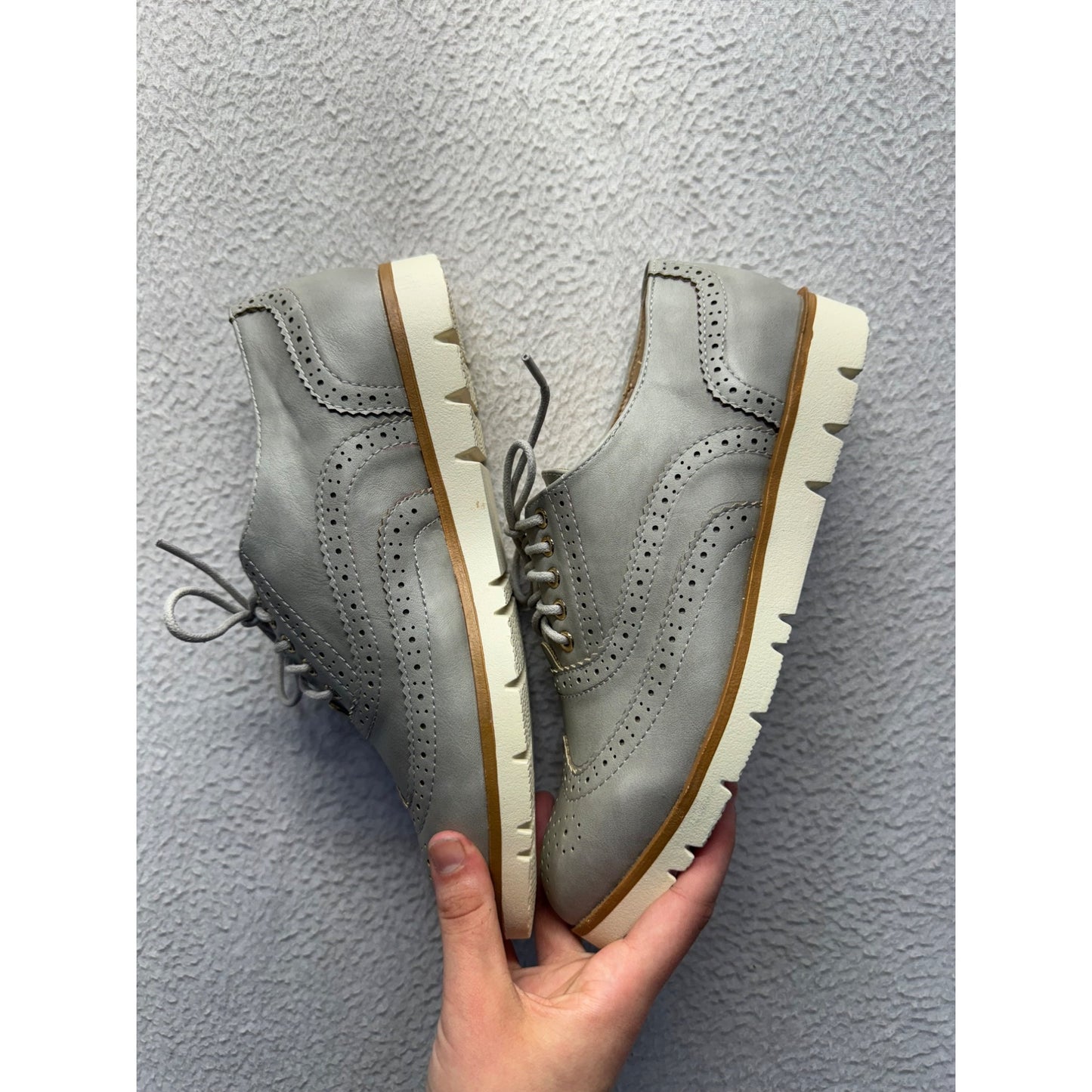Gray Wingtip Oxford Shoes With Perforated Detailing & Chunky Rubber Sole #9405
