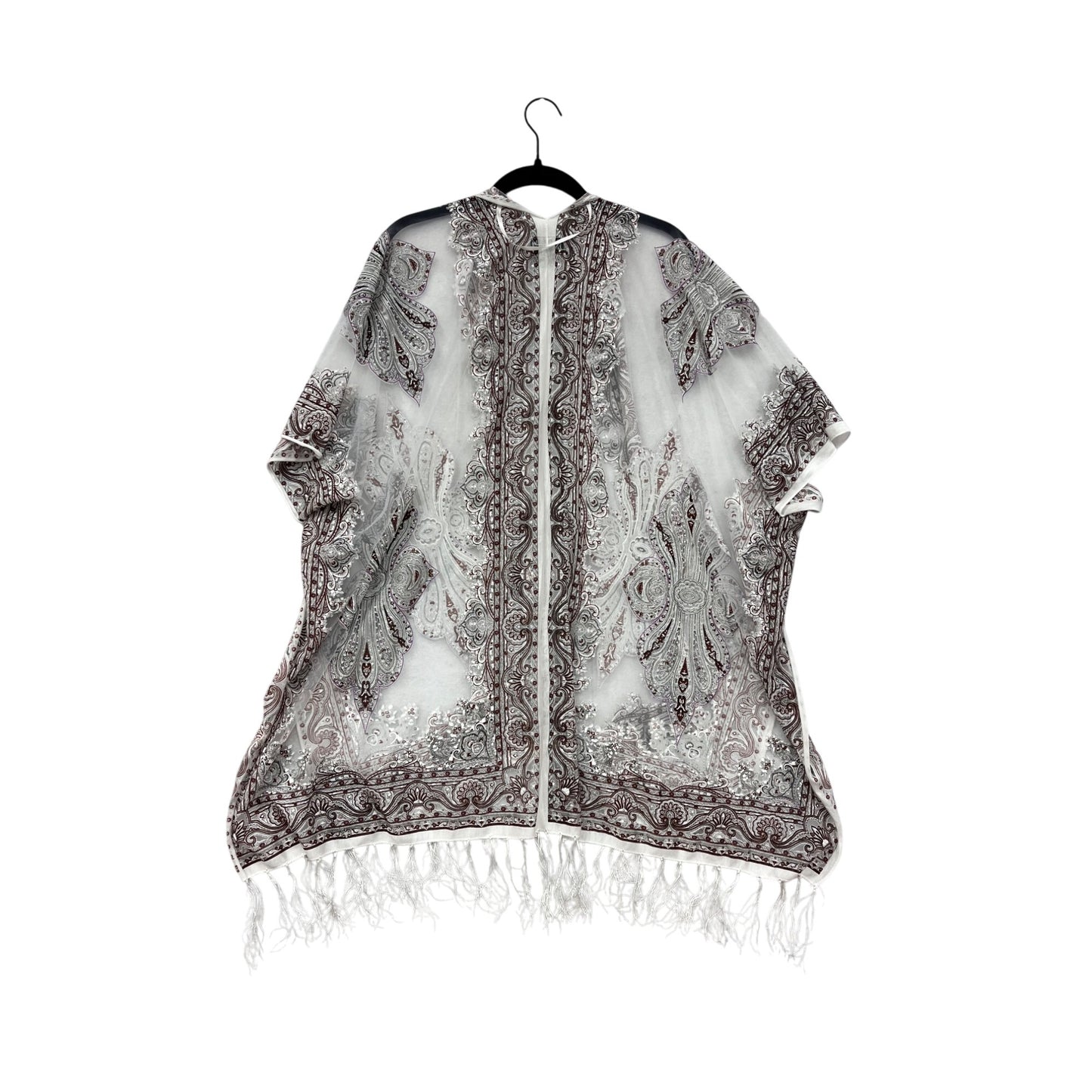 Paisley Sheer Fringe Cardigan OS White & Burgundy By David And Young #8767