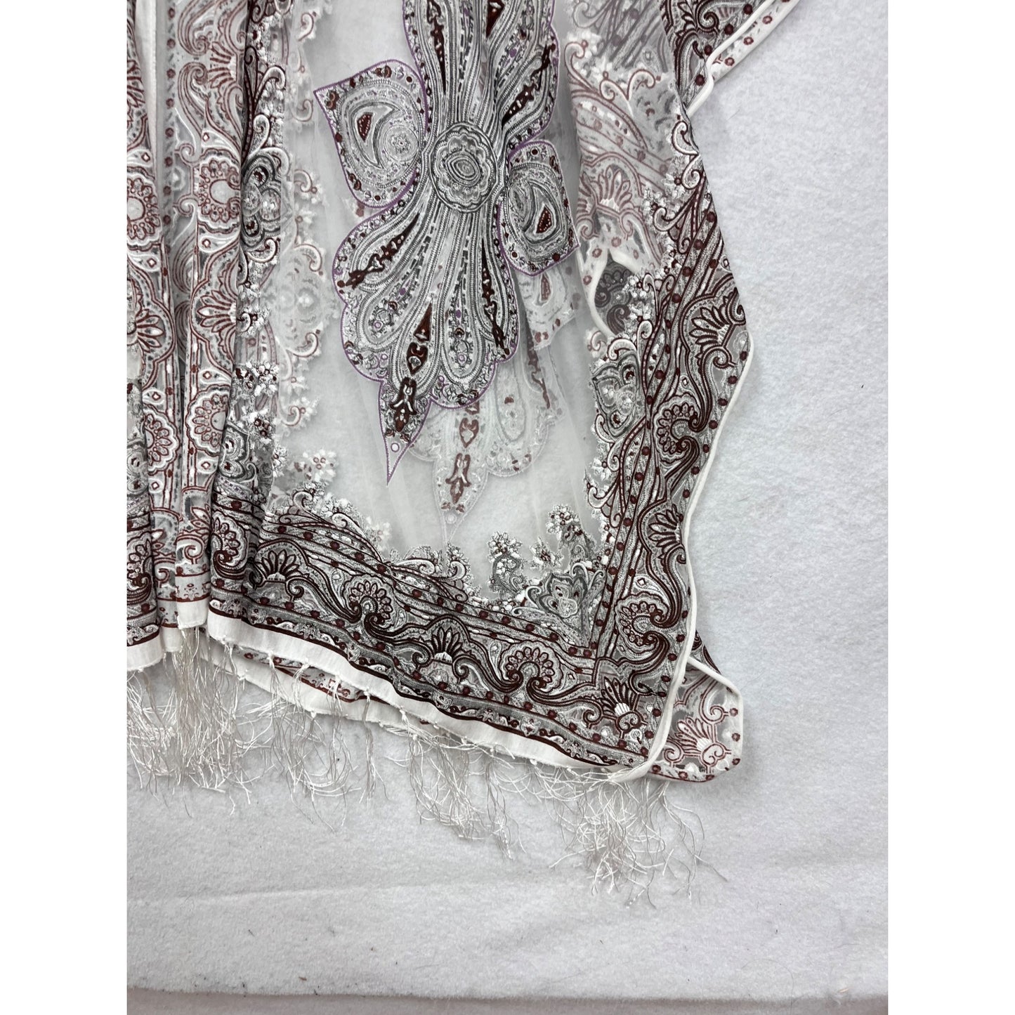 Paisley Sheer Fringe Cardigan OS White & Burgundy By David And Young #8767