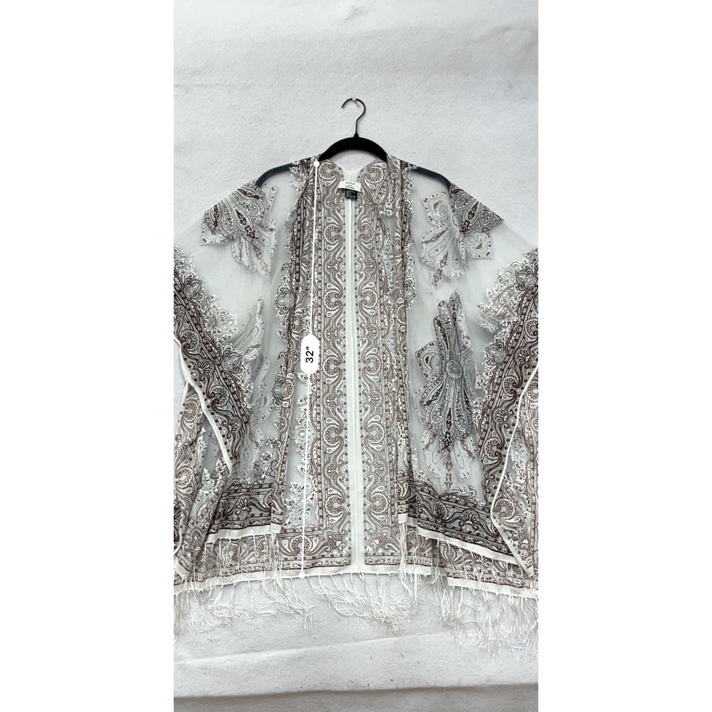 Paisley Sheer Fringe Cardigan OS White & Burgundy By David And Young #8767