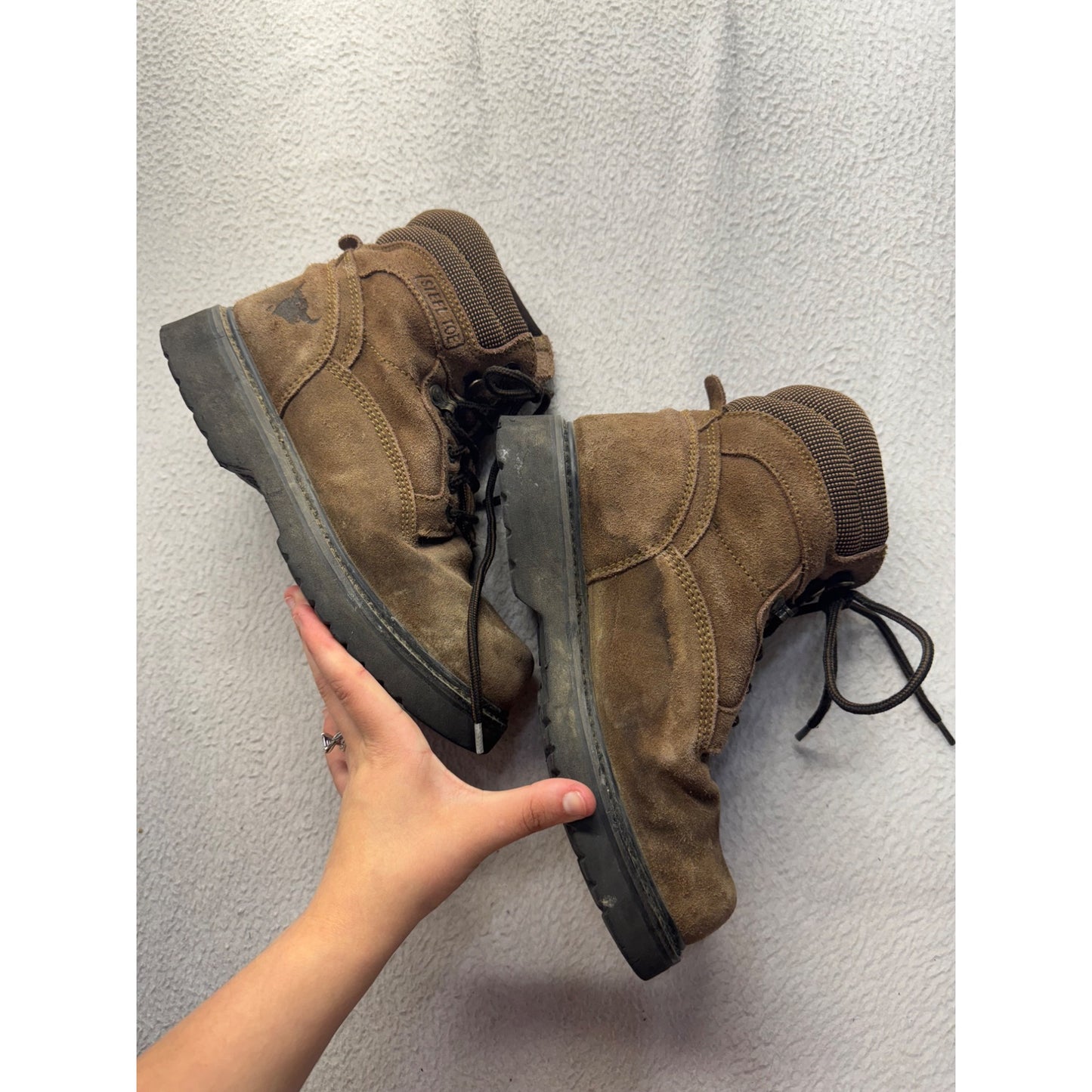 Steel Toe Brown Suede Work Boots With Rubber Soles & Lace-Up, Size 7.5 #9861