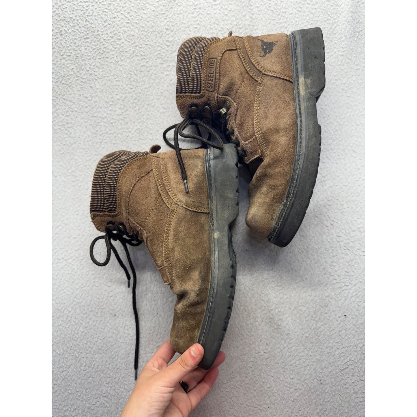 Steel Toe Brown Suede Work Boots With Rubber Soles & Lace-Up, Size 7.5 #9861