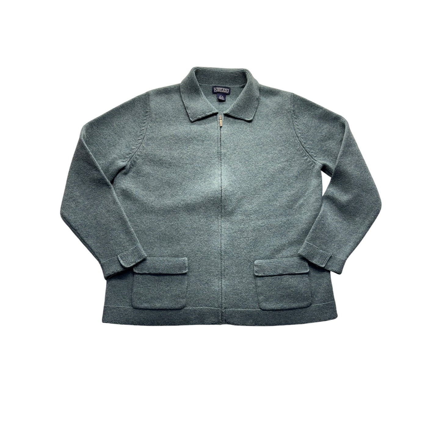 Lands End Womens L Lambswool Full-Zip Jacket With Collar & Pockets Green #7760