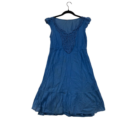 Blue Cotton Boho Midi Dress With Pom Pom Detail & Tiered Hemline #8133