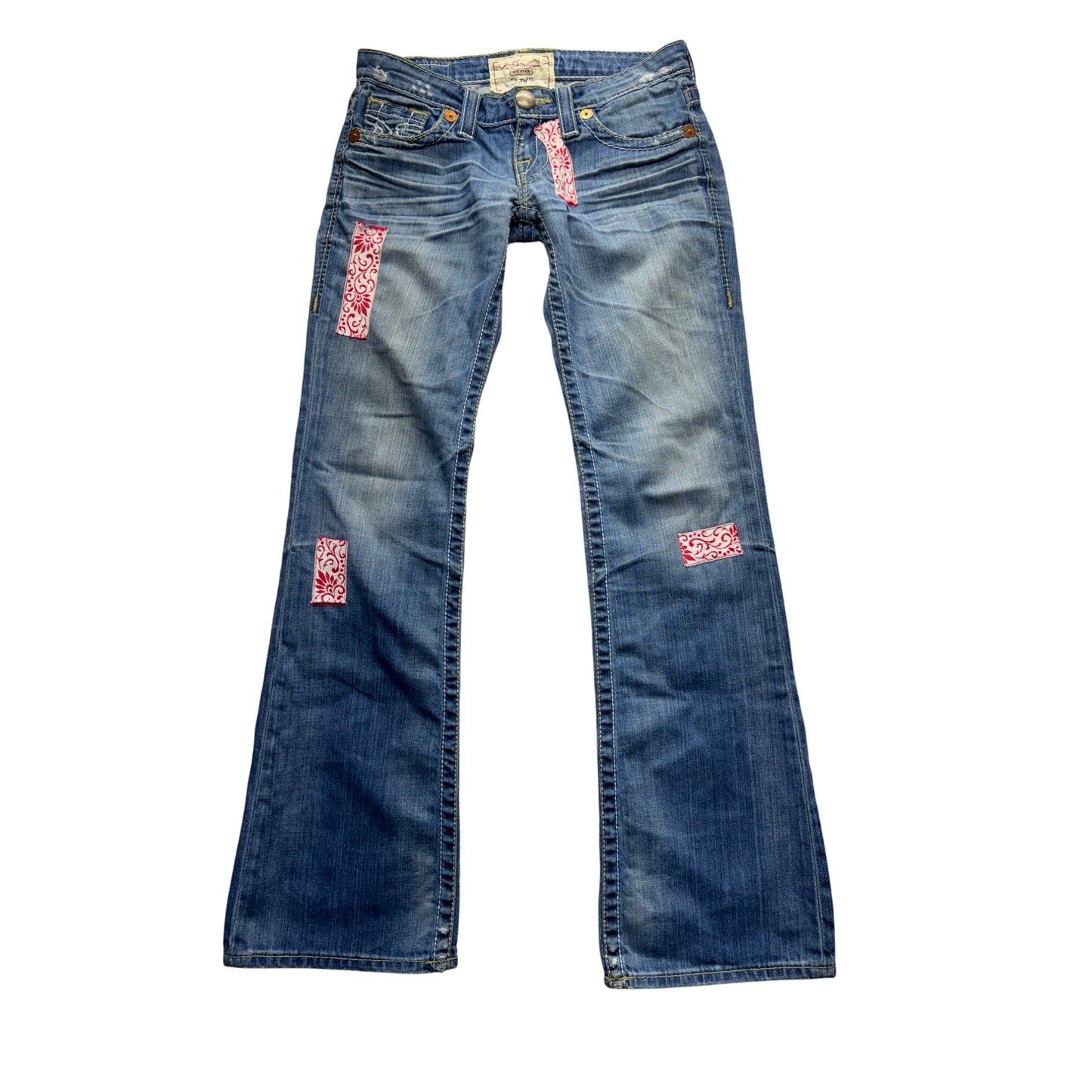 Big Star Liv Distressed Flare Jeans With Embroidered Patches Size 25R #9553