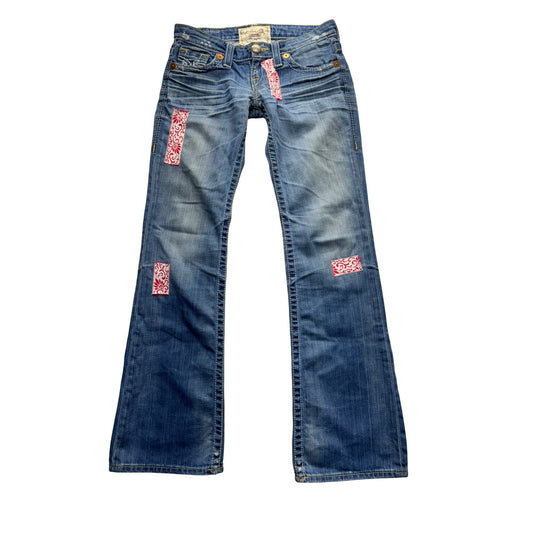 Big Star Liv Distressed Flare Jeans With Embroidered Patches Size 25R #9553