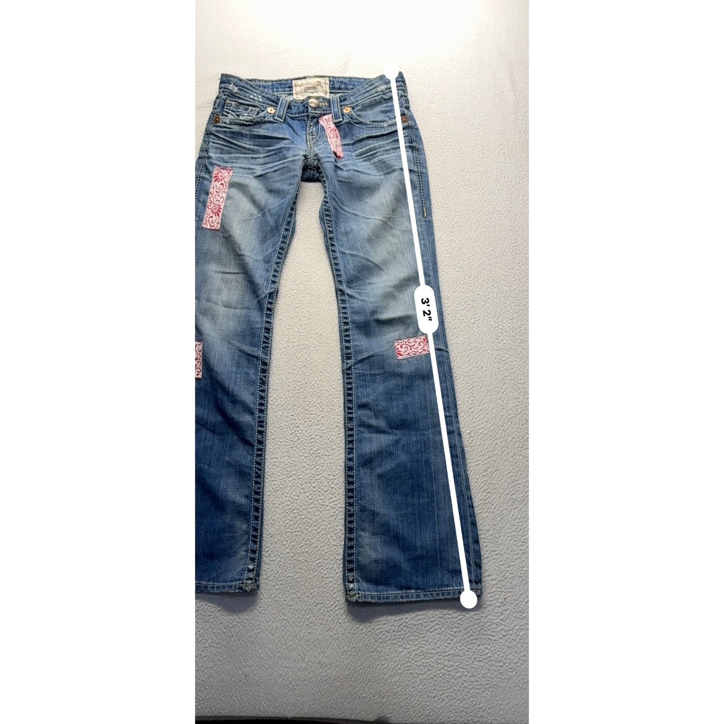 Big Star Liv Distressed Flare Jeans With Embroidered Patches Size 25R #9553