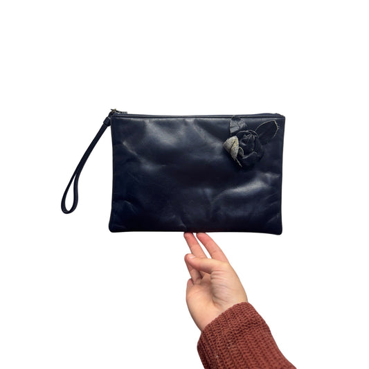 Black Leather Wristlet Clutch With Floral Detail & Zipper Closure #75B