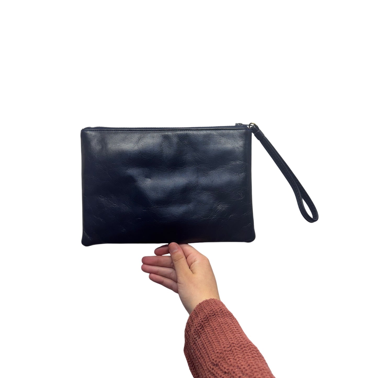 Black Leather Wristlet Clutch With Floral Detail & Zipper Closure #75B