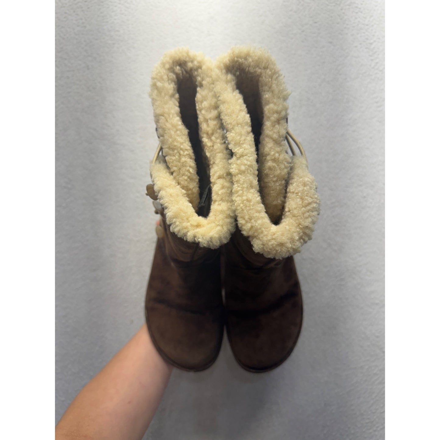 UGG Brown Suede Shearling Lined Mid-Calf Boots With Toggle Closure Size 8 #9822
