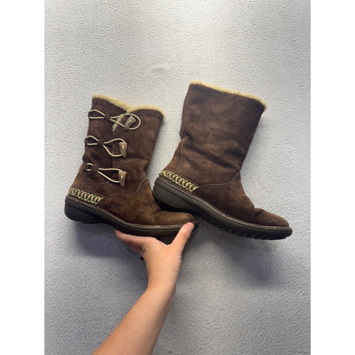 UGG Brown Suede Shearling Lined Mid-Calf Boots With Toggle Closure Size 8 #9822