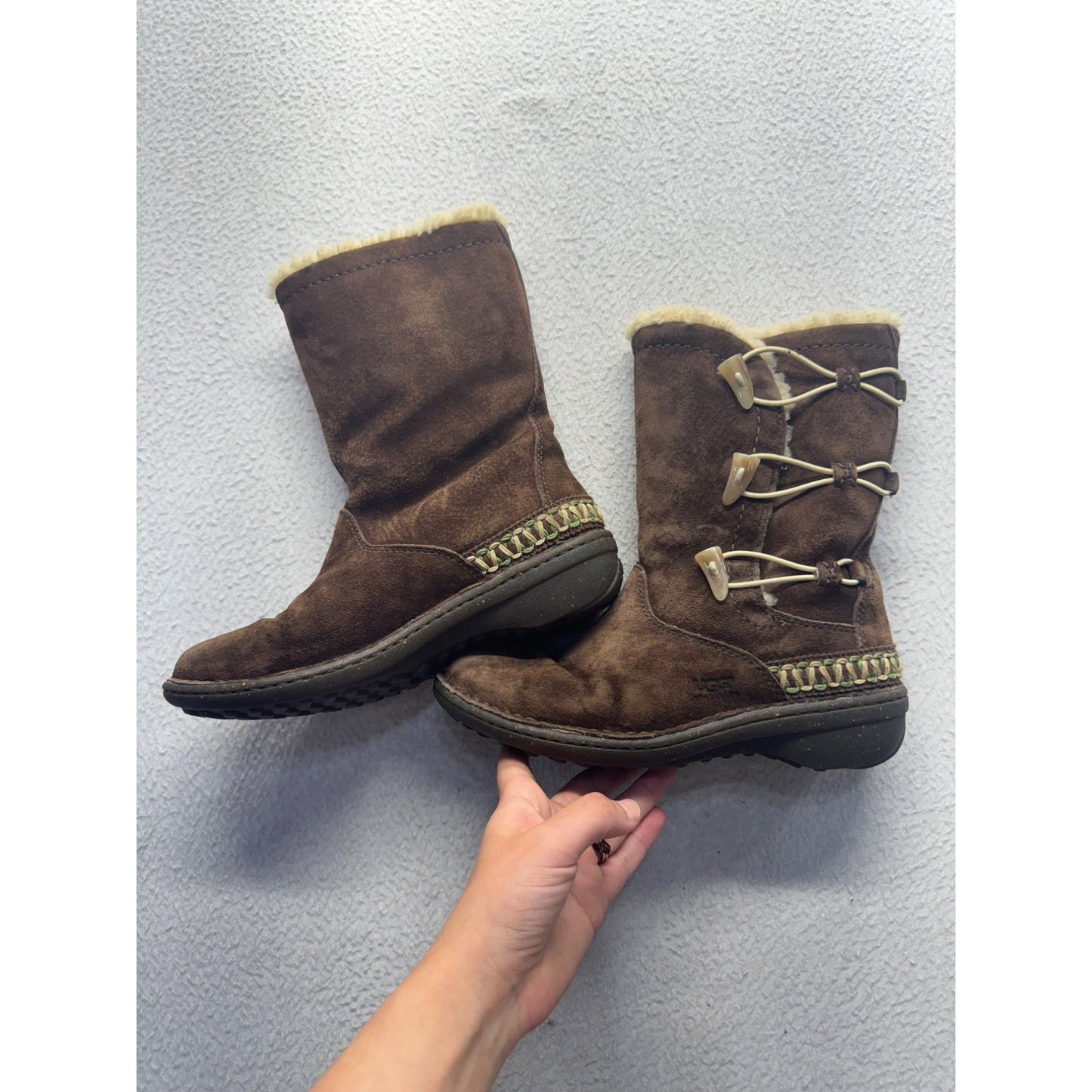 UGG Brown Suede Shearling Lined Mid-Calf Boots With Toggle Closure Size 8 #9822
