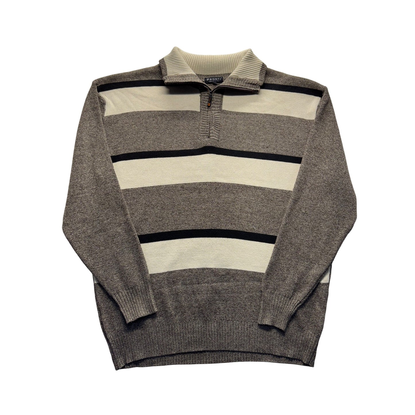 Pronti Mens Striped Half-Zip Sweater XL Brown & Beige Cotton Blend 9426