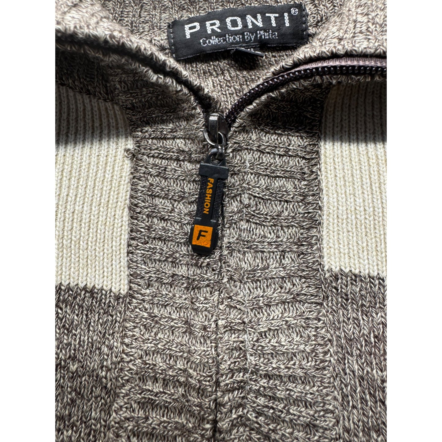 Pronti Mens Striped Half-Zip Sweater XL Brown & Beige Cotton Blend 9426